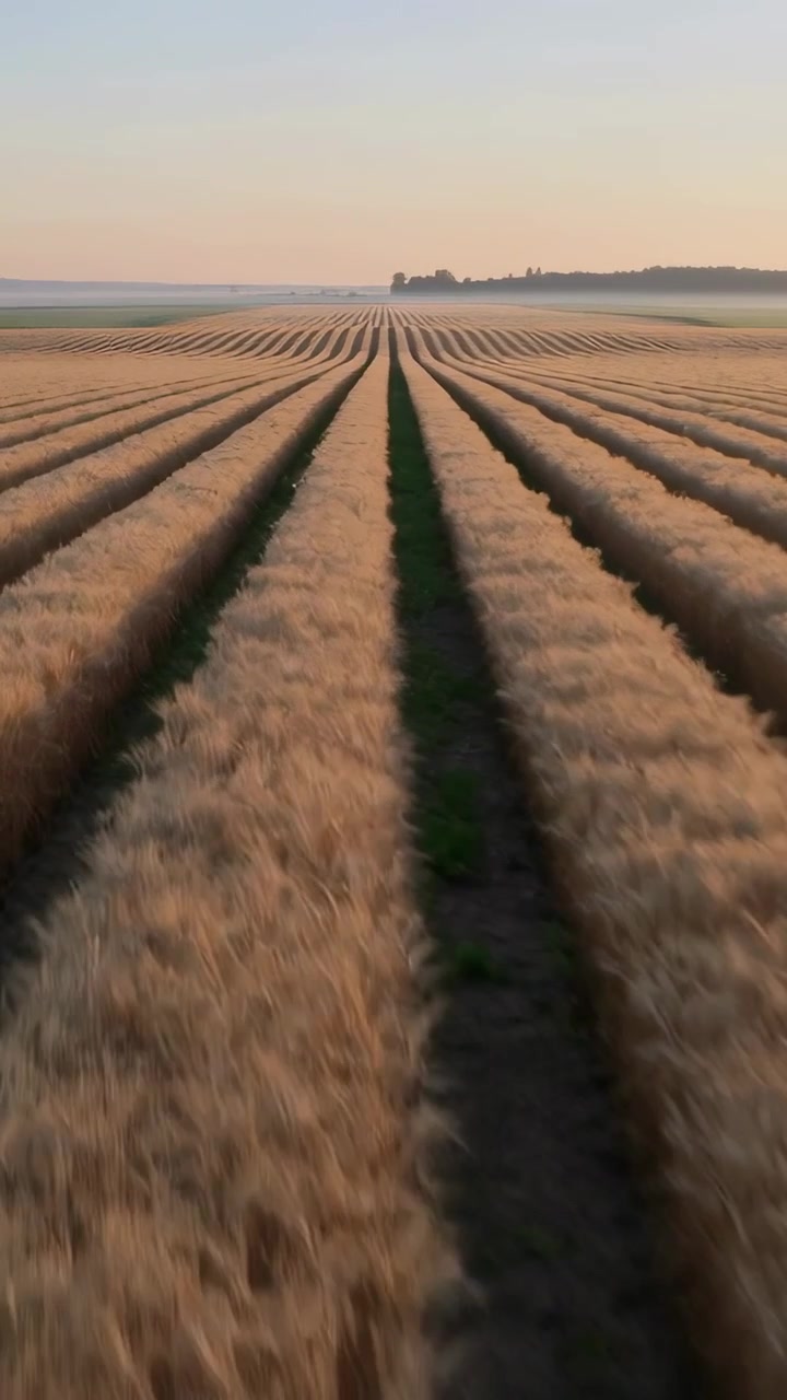 Vertical video: Starting low cam tracking along furrow amid golden wheat rows, leading eye to trees