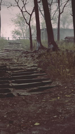 mysterious pathway lined with trees beckons under a foggy twilight sky