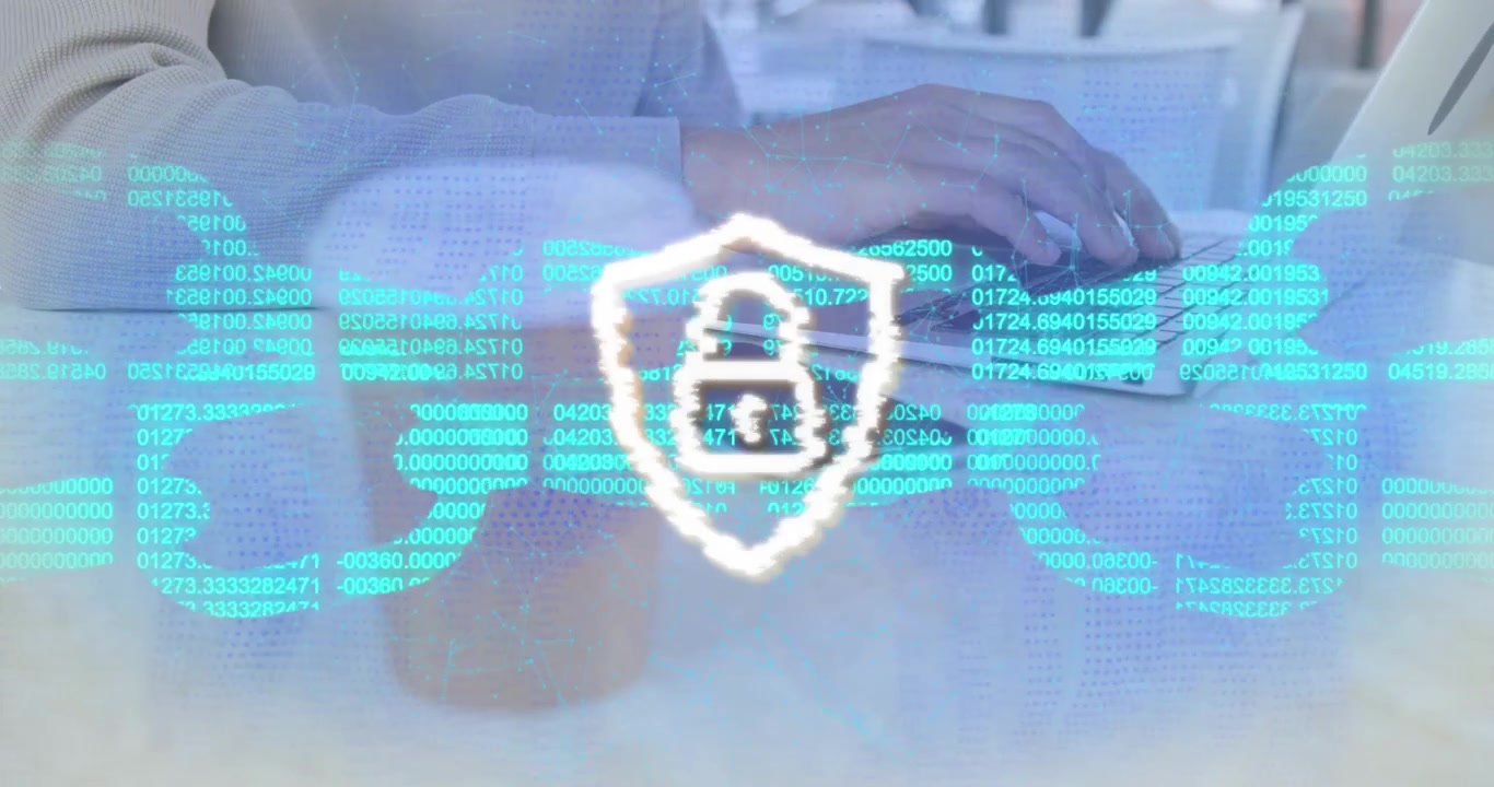Animation of padlock icon and data processing over woman using laptop