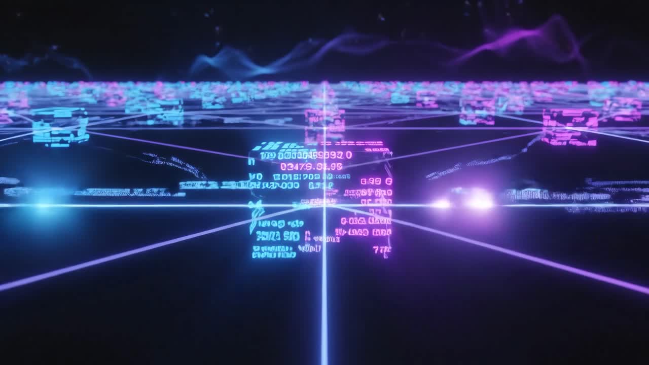 Abstract Digital Grid Network with Glowing Data Cubes and Neon Lines