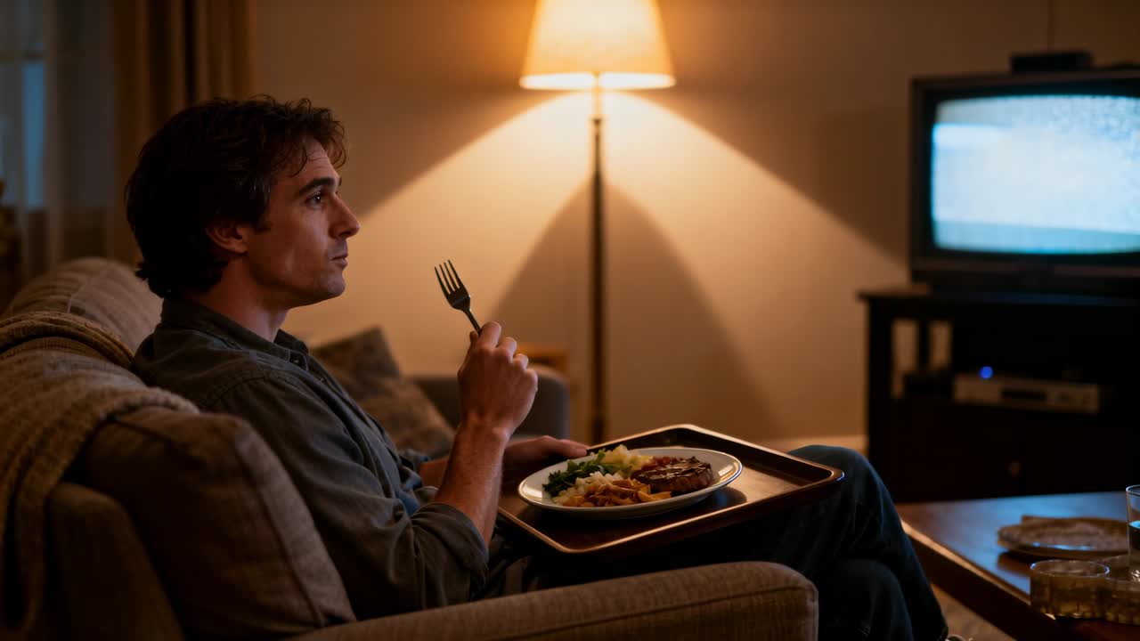 Pria makan mengenakan pakaian kasual melirik layar TV yang statis sambil mengangkat garpu di sofa dengan nampan