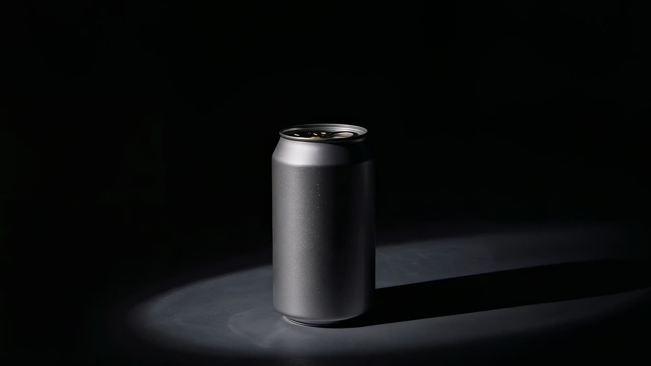 Spotlight sweeping matte black aluminum can rotating on dark studio surface with shiny highlights