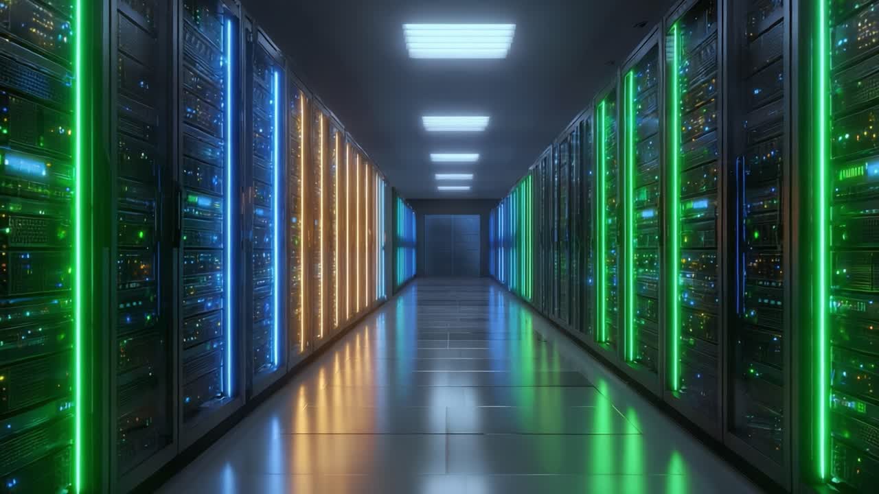 Exploring the Futuristic Data Center: A Striking Visual of High-Tech Server Racks Enhanced with Colorful LED Lighting in a Sleek, Modern Environment