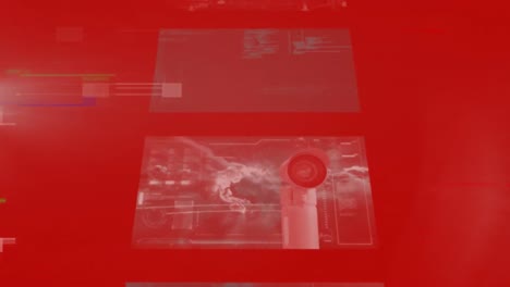 animación de interferencia y pantallas digitales sobre fondo rojo