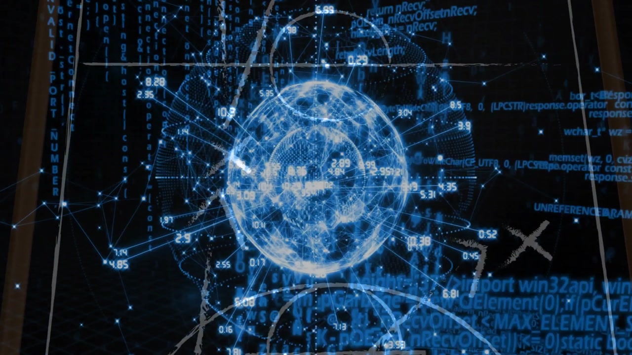 On start 3D globe rotating with floating numeric labels, emerging mesh and code blocks showing data
