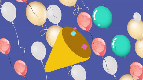 animation of party corn over colorful balloons flying on blue background