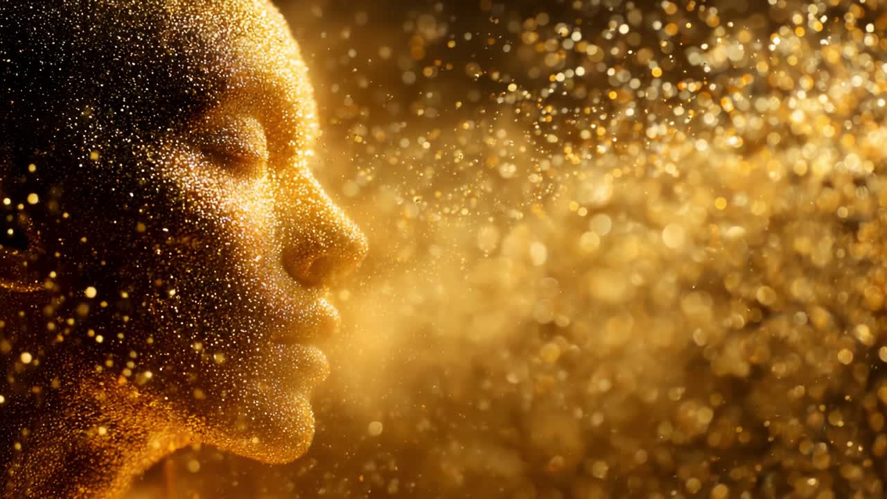 Uno spettacolo ipnotizzante di bellezza ed eleganza, che cattura il bagliore etereo di una figura dorata avvolta in particelle scintillanti, creando un'atmosfera onirica che affascina l'immaginazione dello spettatore.