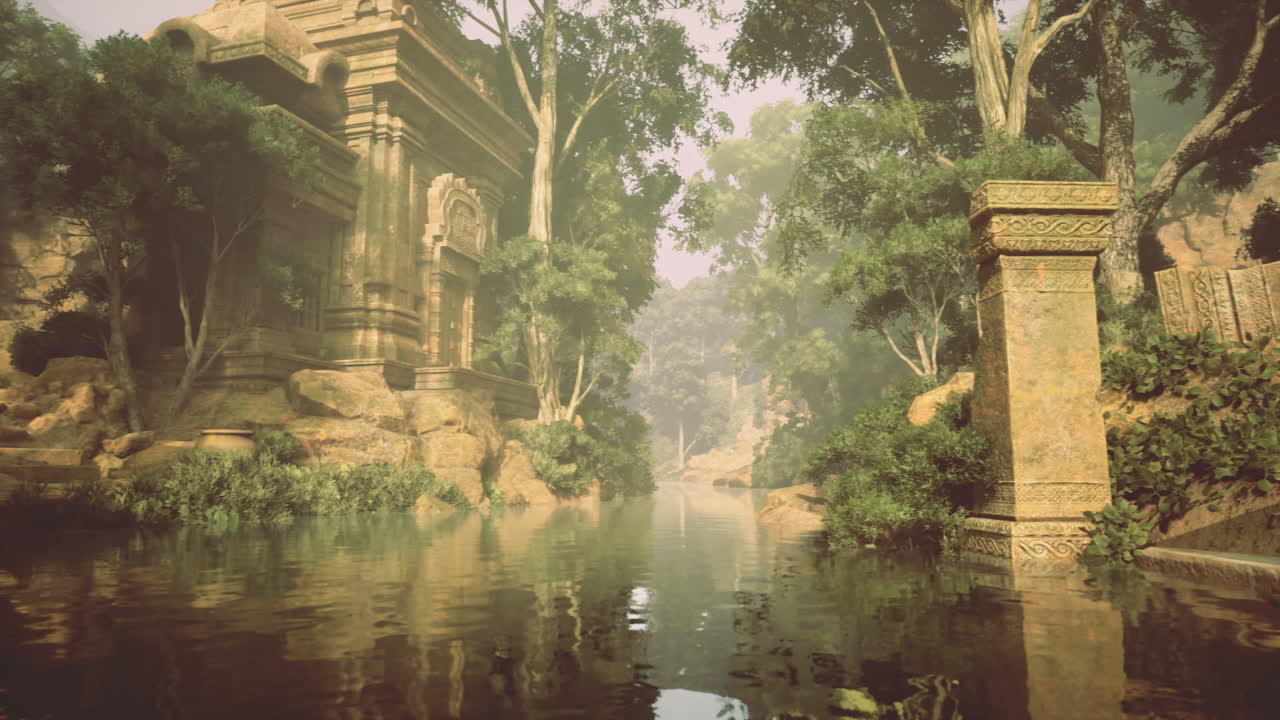 Forgotten stone structures entangled by vibrant jungle growth