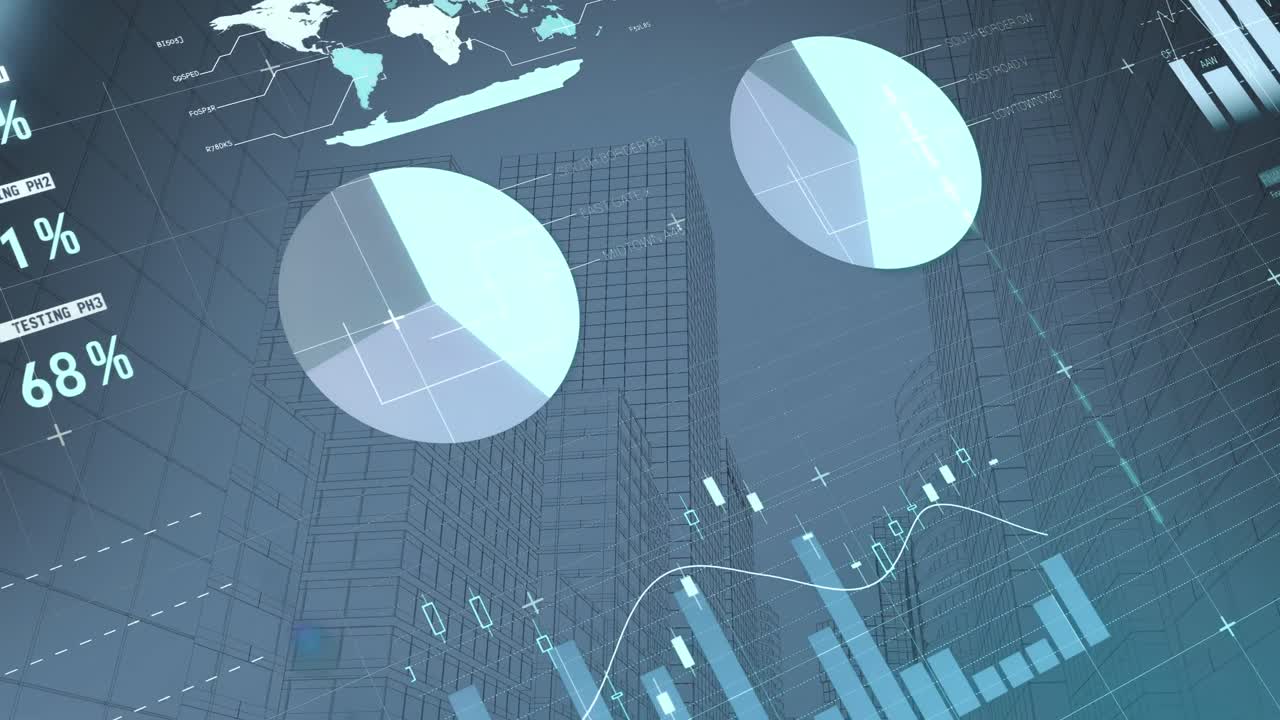 Animation of statistics with data processing over cityscape