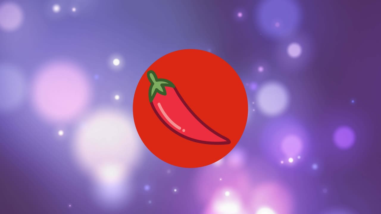 보라색 배경에 움직이는 보케 조명 위에 빨간 원으로 빨간  ⁇ 리 페퍼의 애니메이션