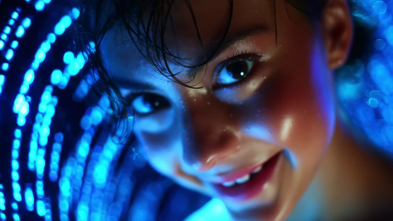 Mesmerizing Gaze: An Intimate Portrait of a Young Woman Illuminated by Shimmering Blue Lights, Capturing the Essence of Serenity and Joy Amidst a Magical Backdrop of Radiant Colors and Reflections