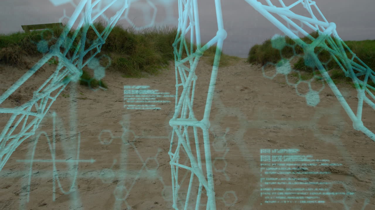 Translucent holographic molecular diagrams floating over sandy dune path, displaying data graphs