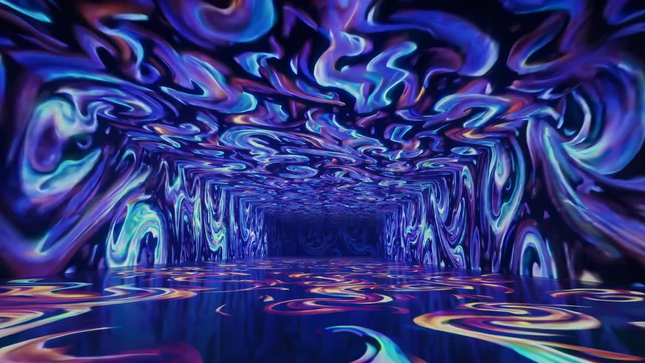 Immersive video art installation with swirling, psychedelic patterns