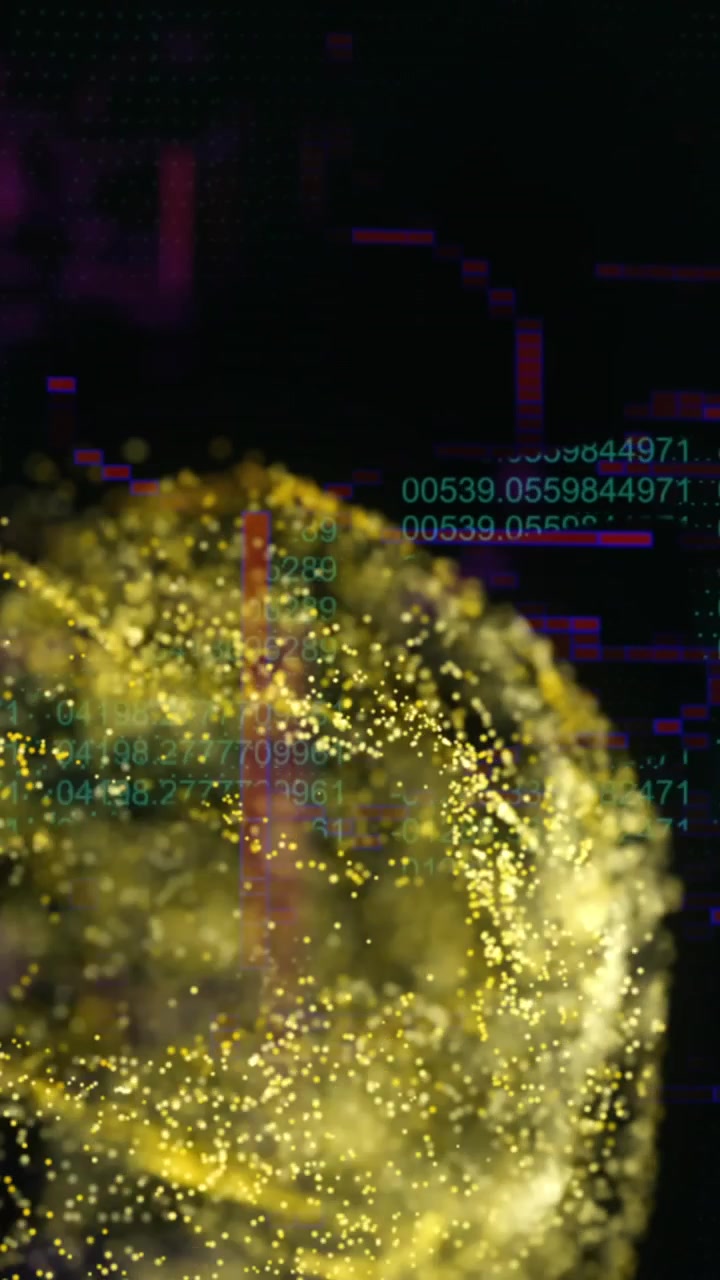 Animazione di onda digitale gialla su codice binario e icona di catena di sicurezza su sfondo nero
