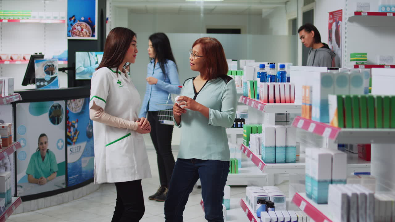 Pharmacy scene with pharmacist and customer