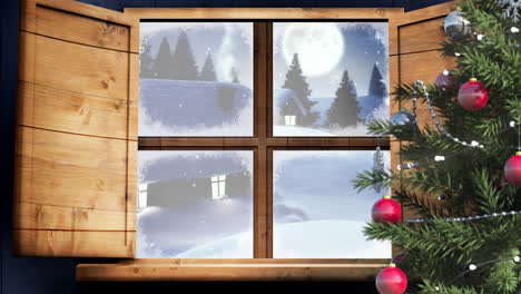 Animation of winter landscape and houses seen through window