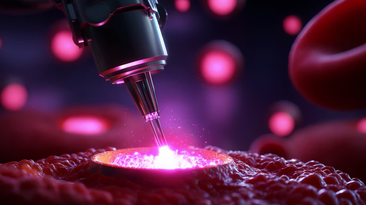 Futuristic laser treatment showcasing advanced technology interacting with biological cells, emitting vibrant pink hues, in a visually striking scene that highlights innovative medical applications