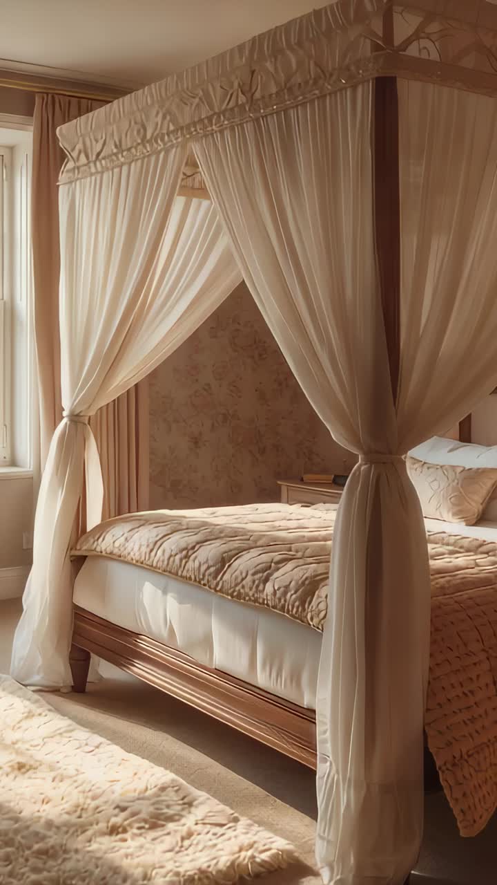 Vertical video: Panning camera revealing canopy bed with quilt and lit lamp in bedroom for decor