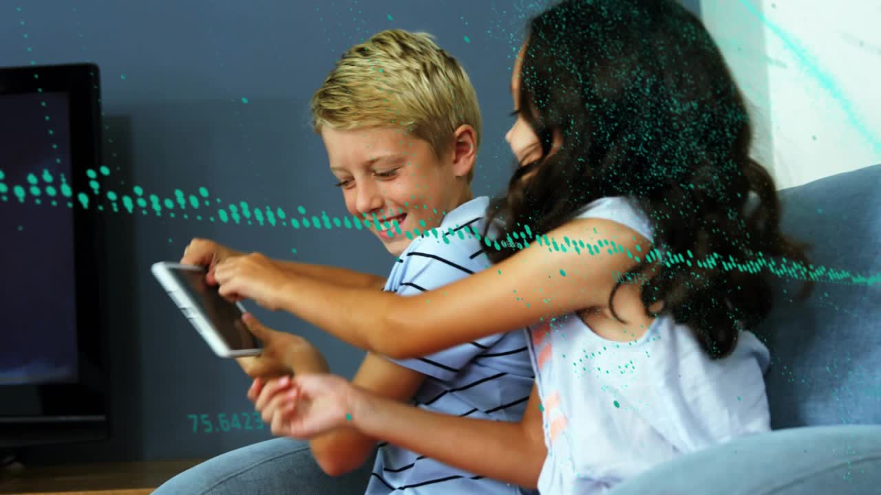 Girl reaching, initiating tugging with boy, vying for white tablet tech overlay sweeping teal dots