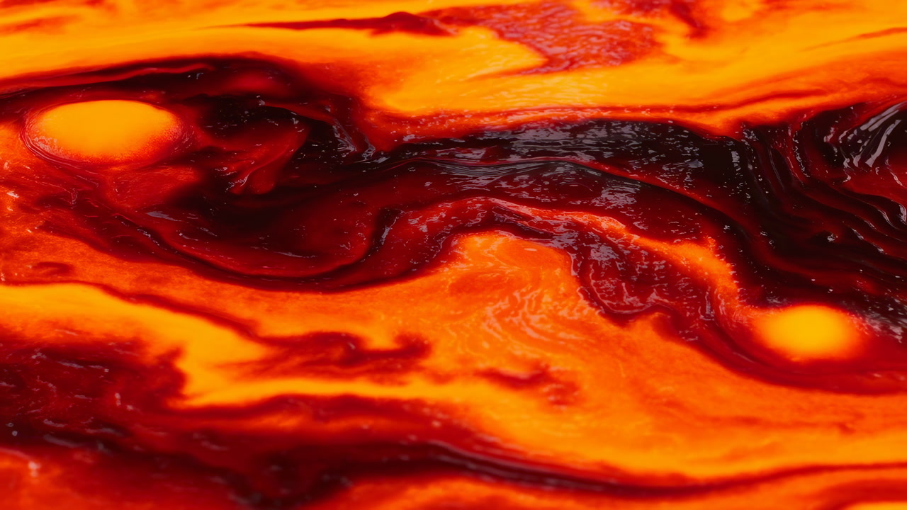 Closeup Molten Lava Paint Swirl Vibrant Orange Red Pigments Flowing Like Magma Across Glossy Surface Dramatic