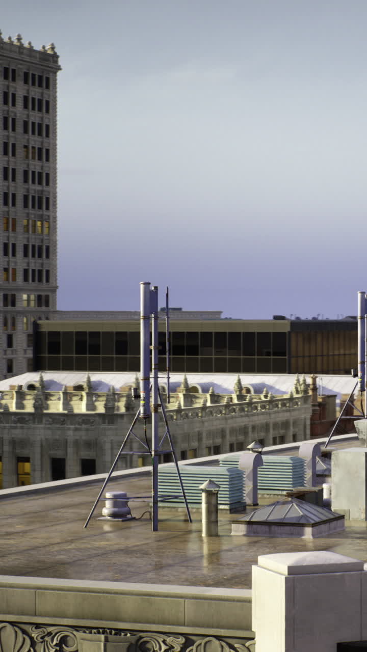 Vista desde la azotea con antenas y estructuras modernas en un entorno urbano.