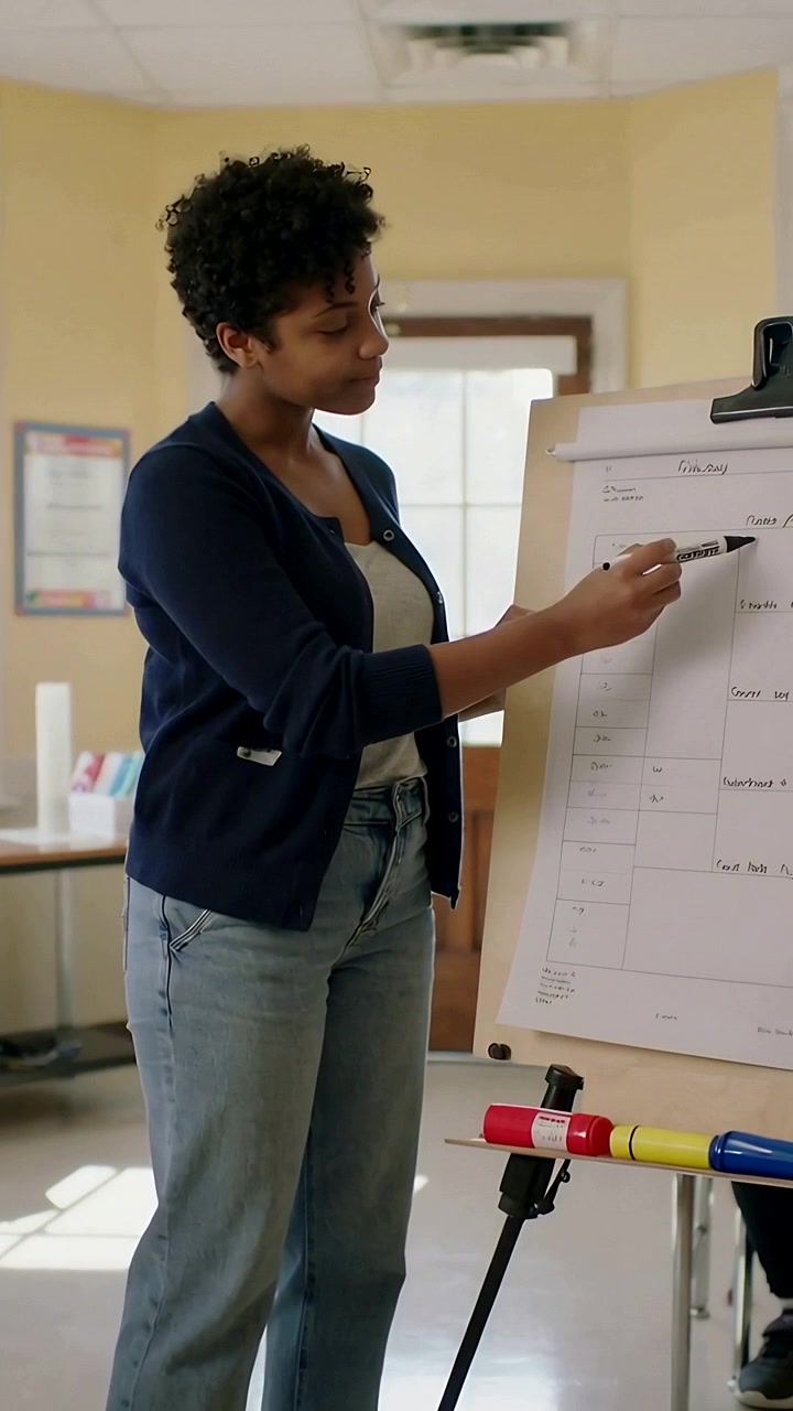 Vertical video: Starting lesson, woman in navy top pointing and writing on flipchart for class