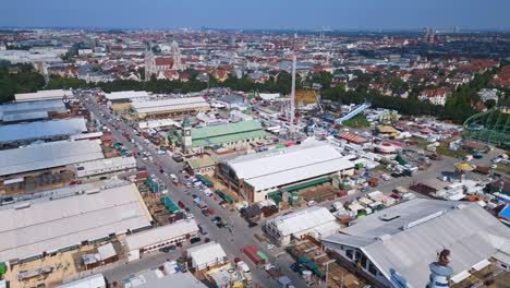 amazing aerial top view flight theresienwiese october festival, sunny day before opening