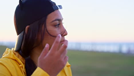 relax, peace and face of a woman at a park
