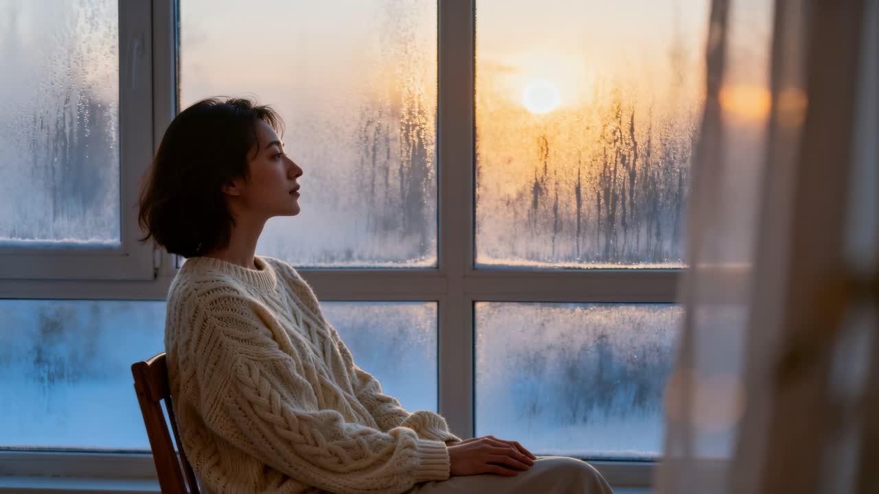 Donna seduta che ammira il sole basso che filtra attraverso una finestra appannata, creando raggi animati che incontrano il suo sguardo per il benessere