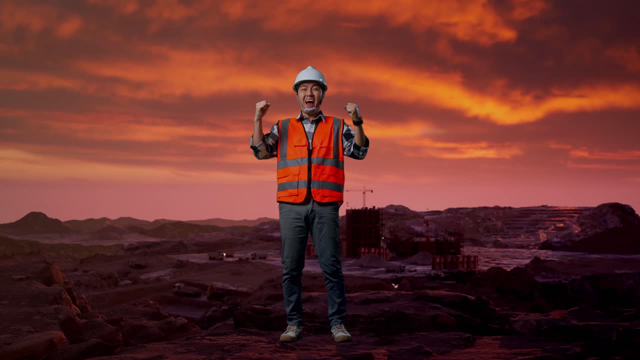Happy Construction Worker on a Mining Site at Sunset