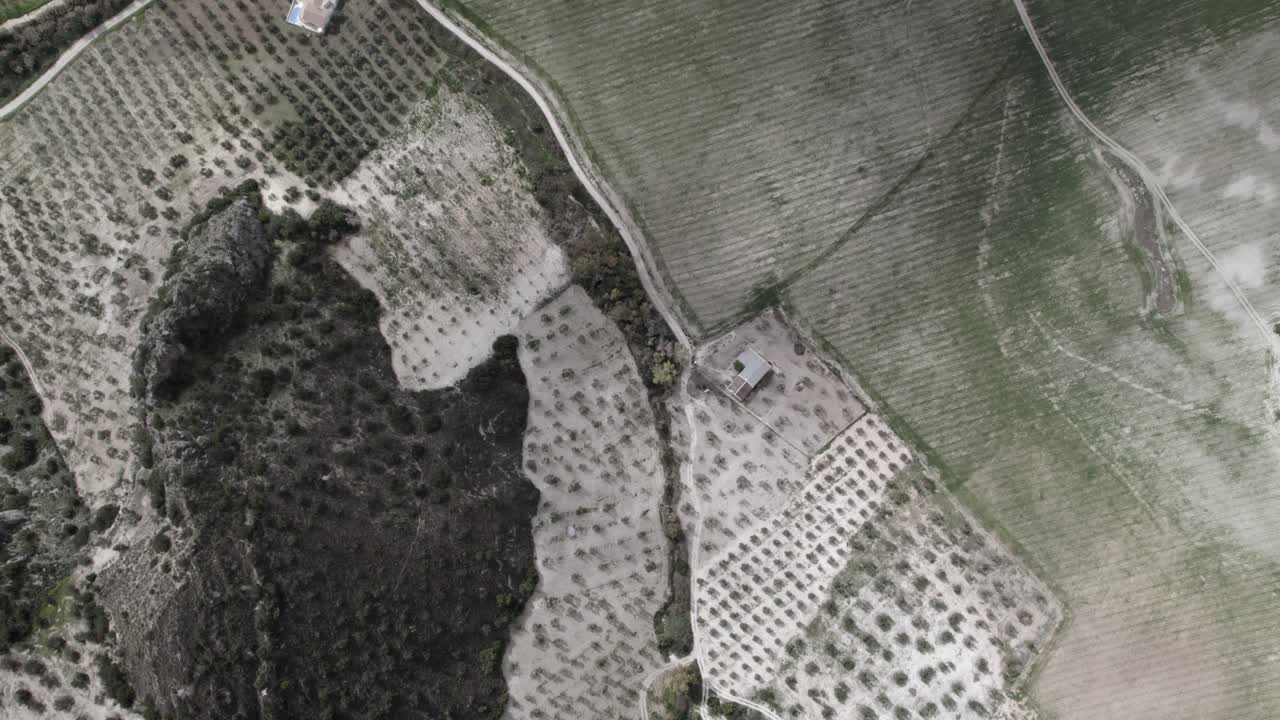 Top-down 4K aerial view of Olvera, Spain, filmed with a DJI drone at 30fps. A stunning cinematic shot capturing the vast meadows and natural beauty of the Spanish countryside.