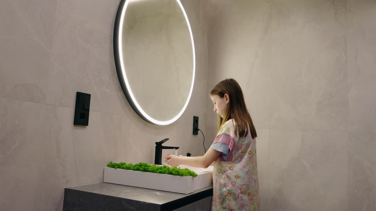 Ragazza che si lava le mani in un bagno moderno.