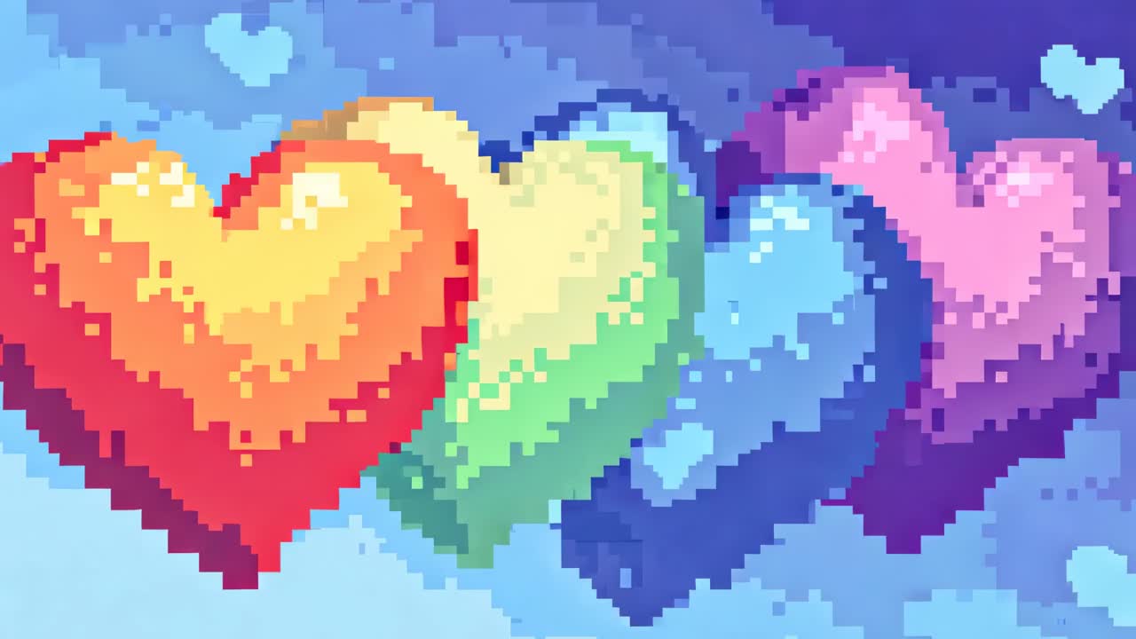Pixel art hearts in vibrant colors on a blue background, reminiscent of retro video games