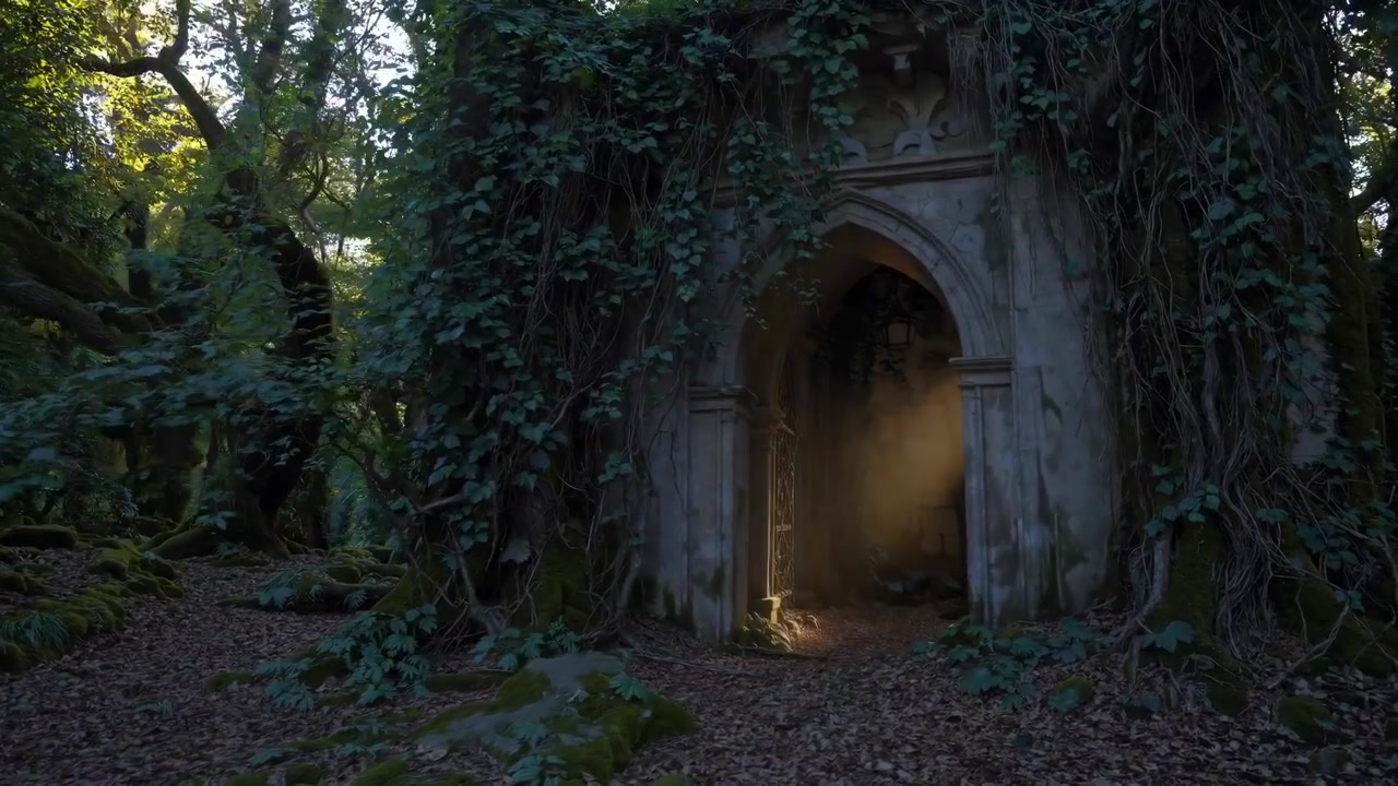 Luz Solar Atravessando Antigo Arco de Pedra Coberto de Hera na Floresta