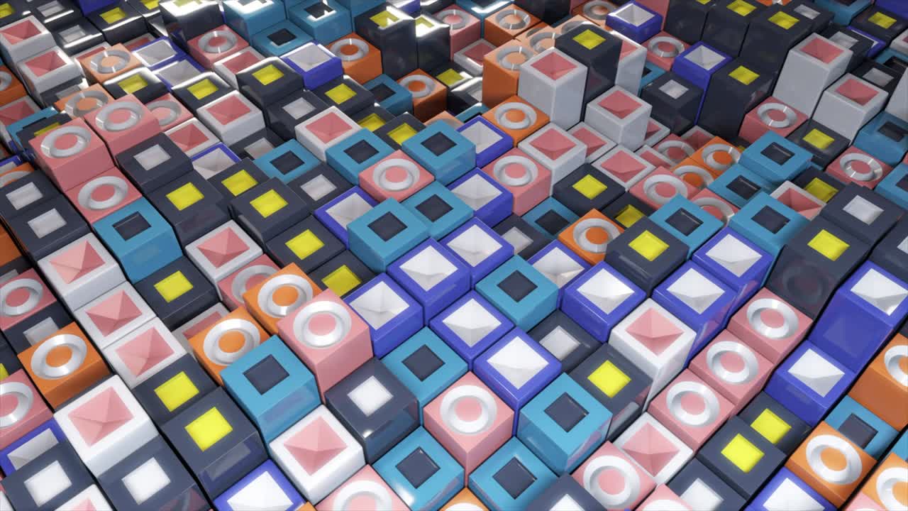 Abstract background of multicolored cubes with wave movement. Animation. Rotating texture with randomly moving out 3D cubes, seamless loop.