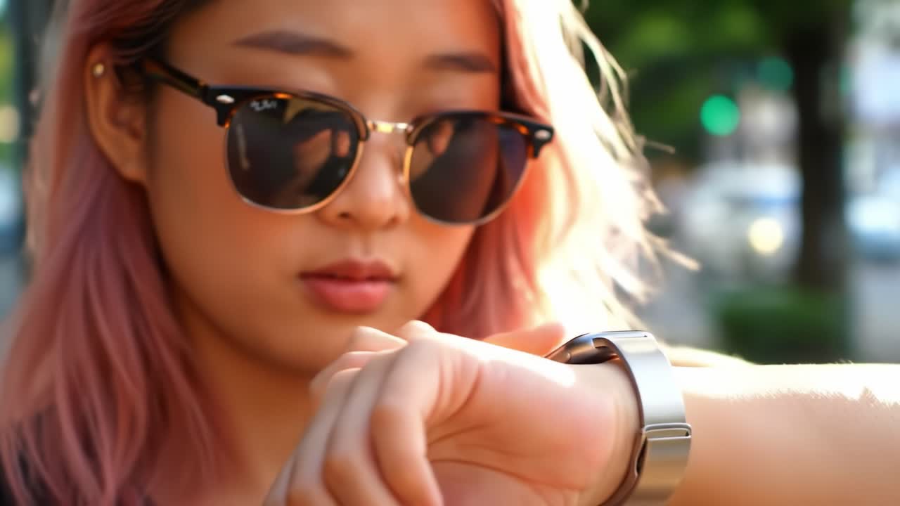 A Trendy Young Woman with Stylish Sunglasses Checks Her Smartwatch in a Vibrant Urban Setting, Capturing a Moment of Modern Fashion and Technology