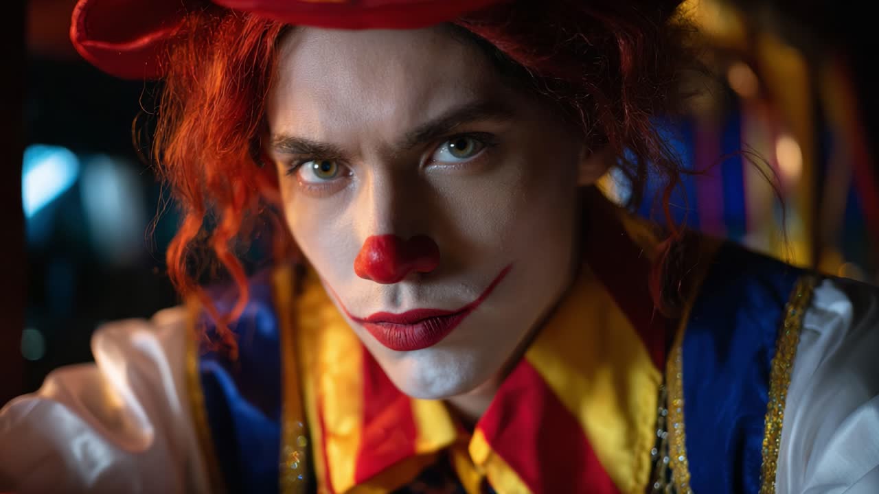 Ritratto intenso di un clown: primo piano di un clown con trucco audace ed espressioni dinamiche catturate in due frame, che evidenziano le complesse emozioni della performance art