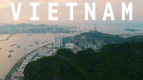 drone shot of vietnamese coastal port city scene overlaid with animated graphic spelling out vietnam 1