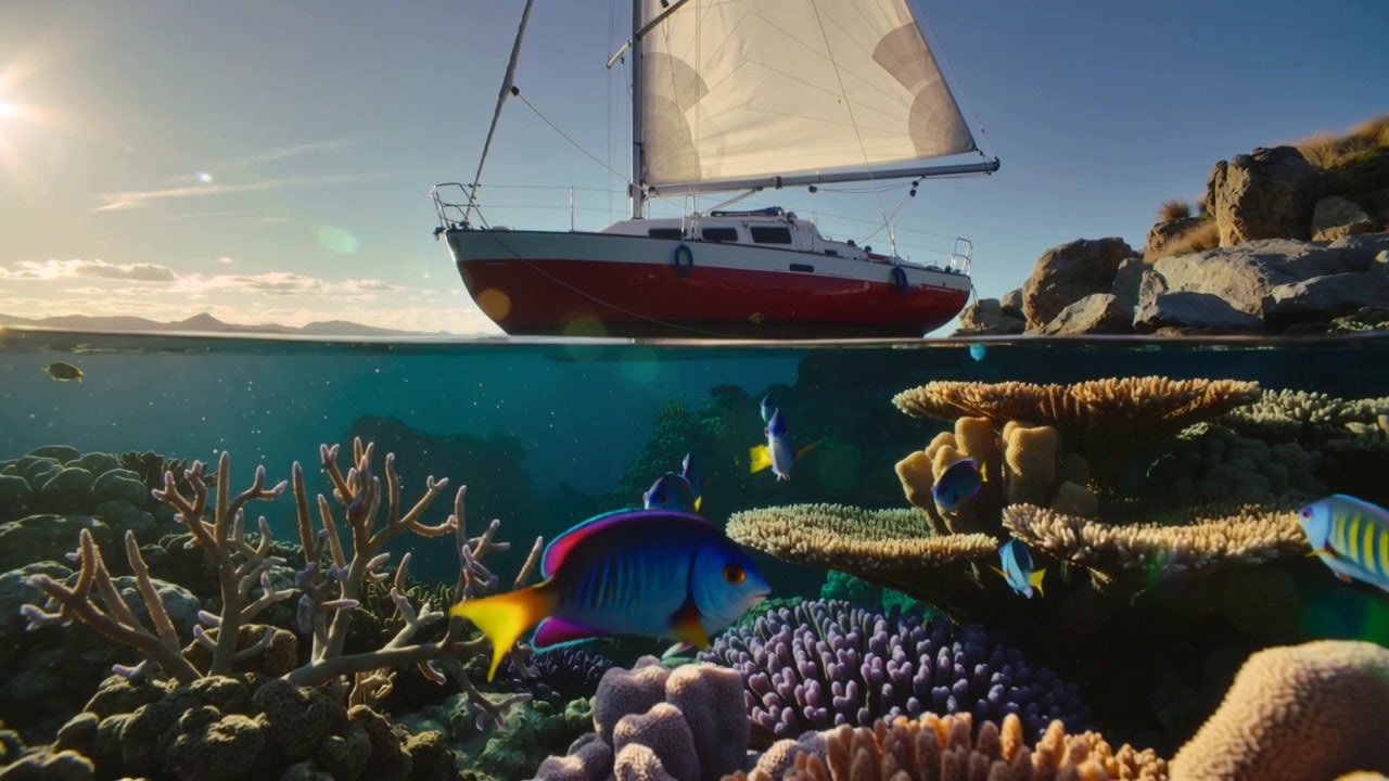 Cámara en paneo que revela una vista dividida de un velero de casco rojo amarrado en una cala para mostrar la vida del arrecife de coral.