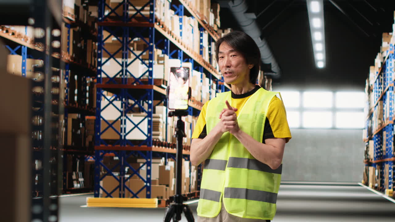 Video verticale. Uomo asiatico che pubblicizza l'attività del magazzino di una grande azienda in un video.