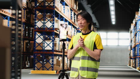 vertical video asian man advertising the large business supply room activity on a video