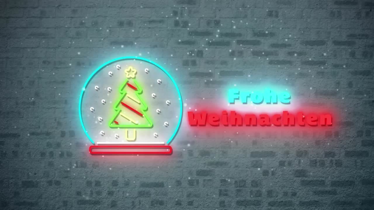 animación de neón temporadas de navidad saludos en alemán y decoraciones sobre la pared de ladrillo