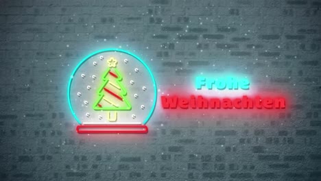 animación de neón temporadas de navidad saludos en alemán y decoraciones sobre la pared de ladrillo