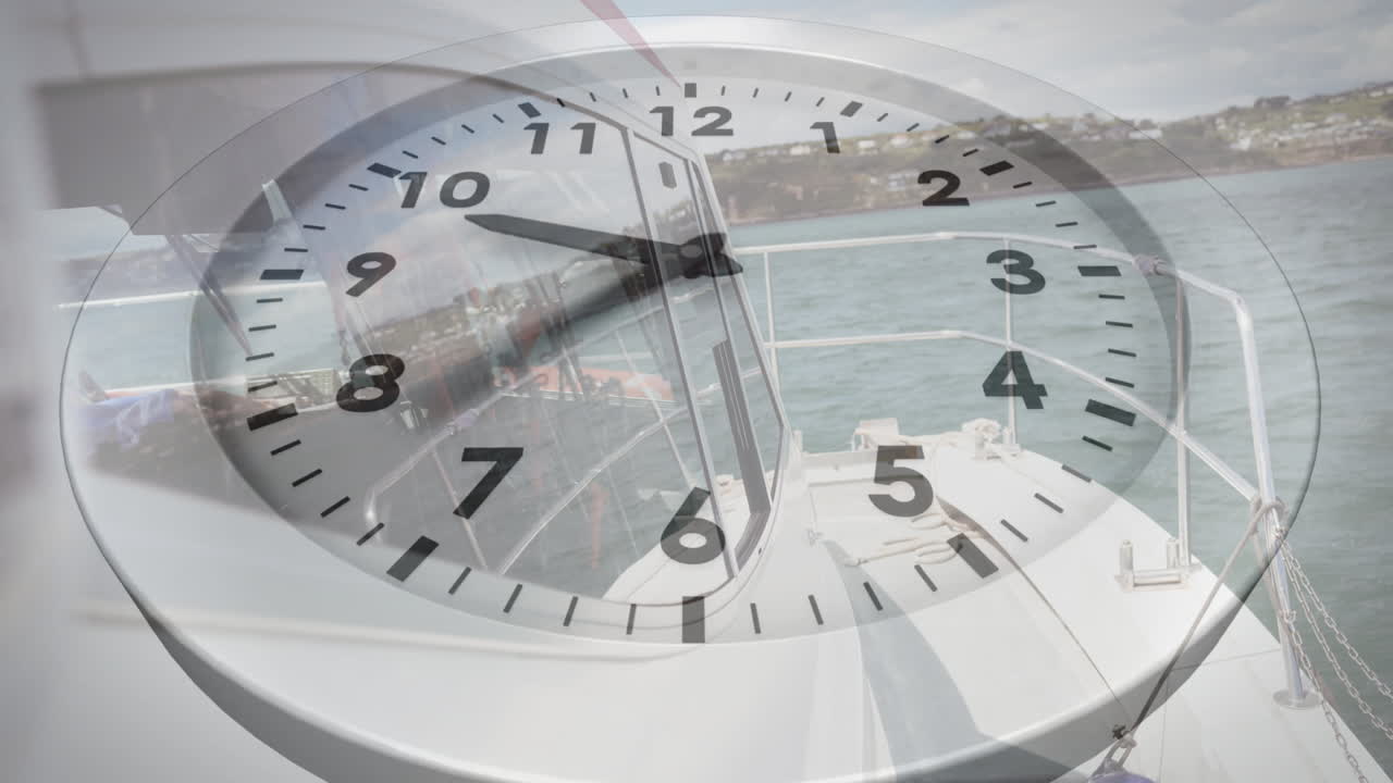 Animation of clock face overlaying boat deck, blending time and travel concepts