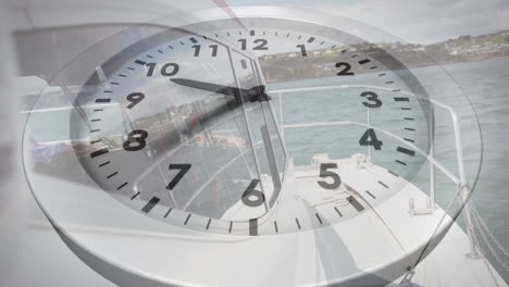 animation of clock face overlaying boat deck, blending time and travel concepts