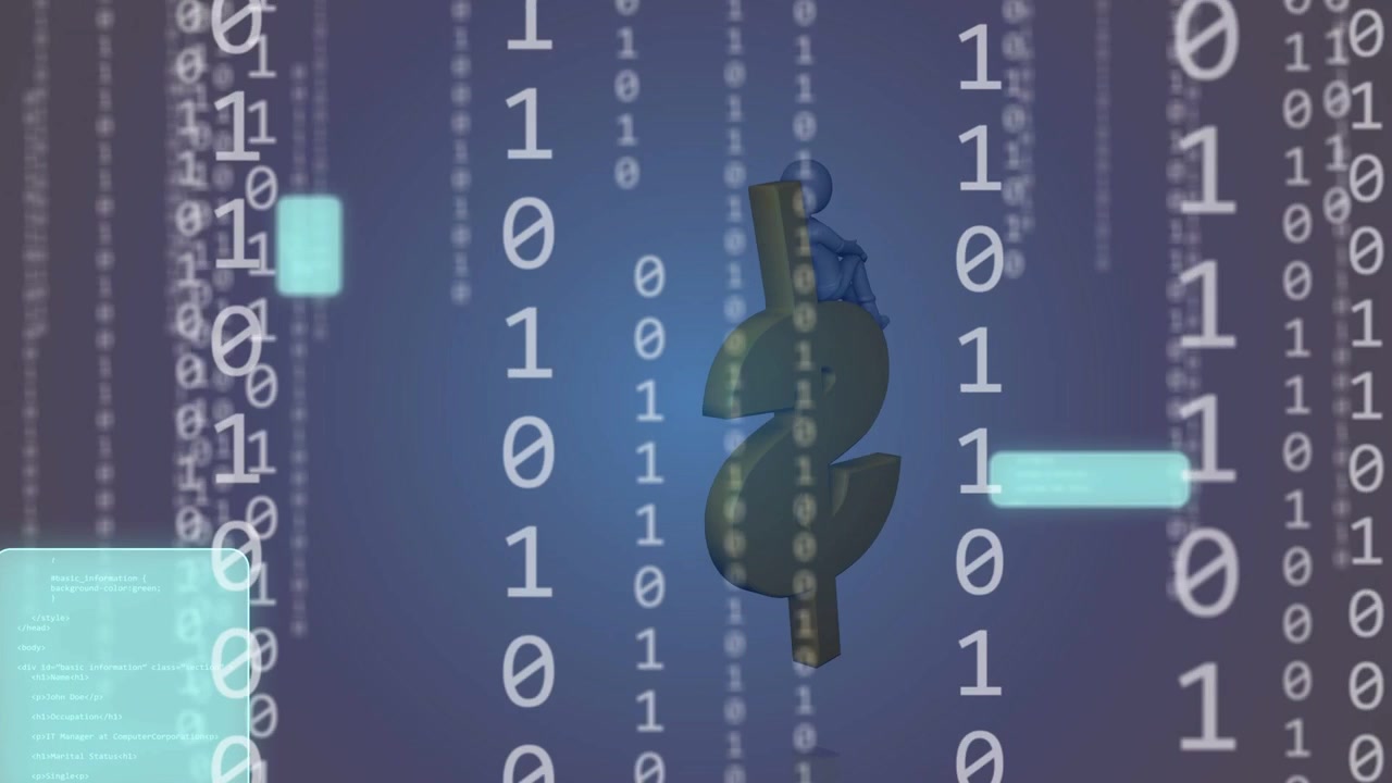 Dollaro inclinato che avvia una pioggia binaria, ruotando con un avatar blu seduto e un HUD scorrevole che mostra i fondi.