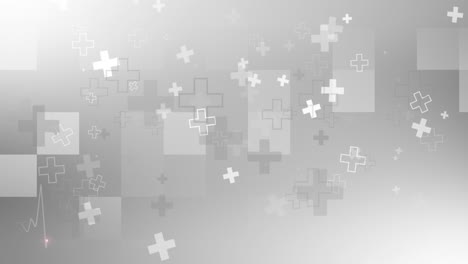 gray medical abstract background with pixels and geometric shapes. animation of pluses and crosses falling down. looped animation.