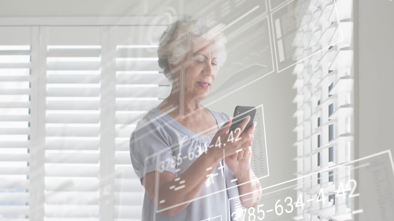Senior woman tapping phone triggers digital data panels for review while scrolling gazing outside