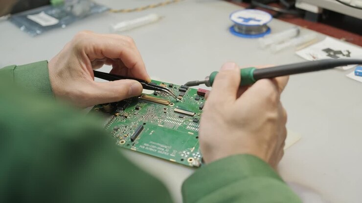 Electronic equipment repair shop. The Engineer Technician solders the printed circuit board of an electronic device under a microscope.
