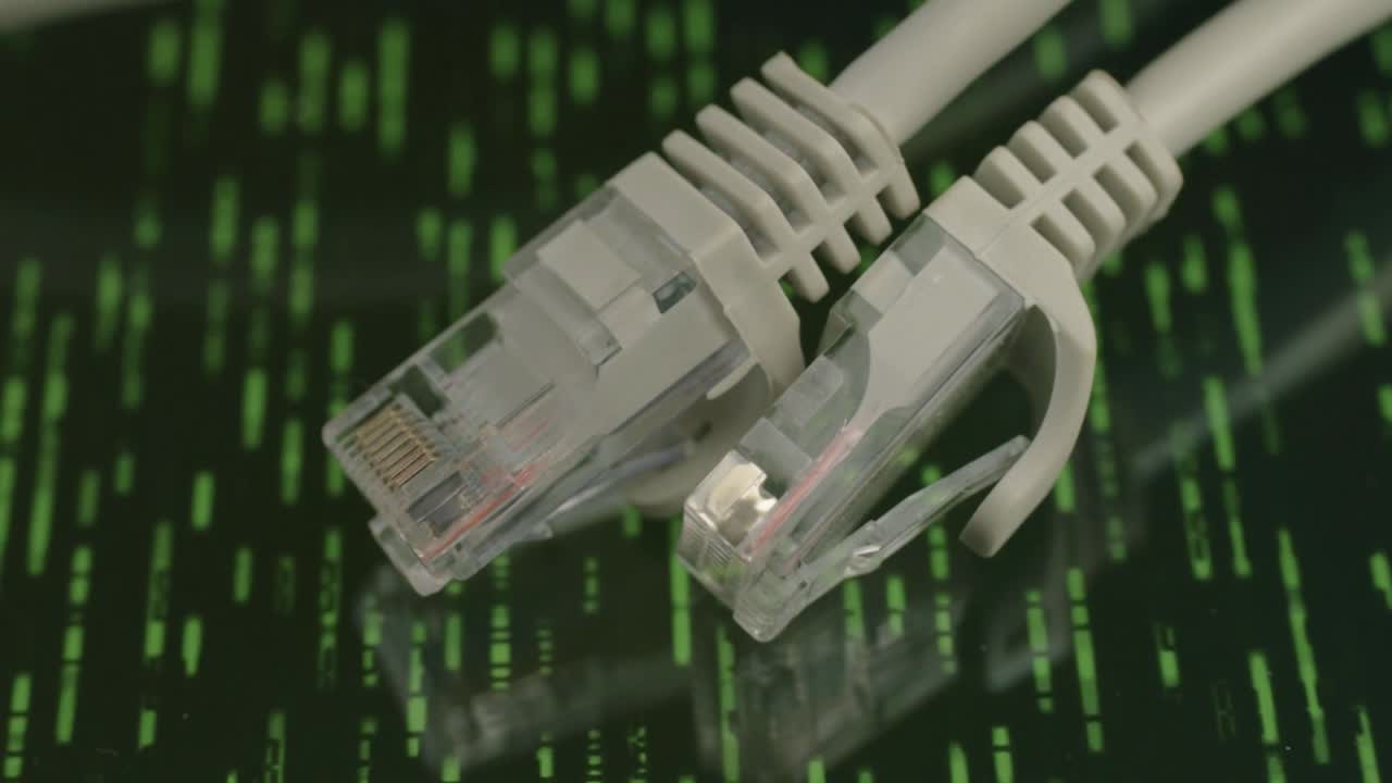 Ethernet network cables with green data storm background